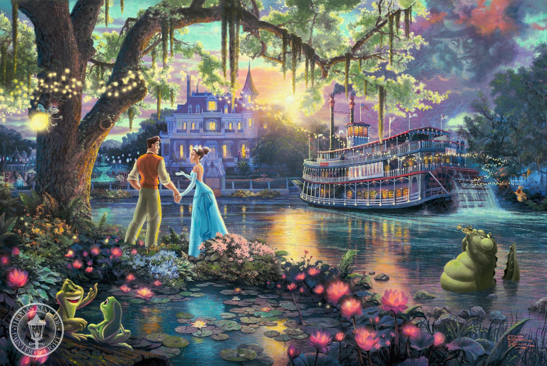 thomas kincaid la principessa e la rana disney dream collection 50 ° anniversario arte sole tramonto sera fiori lucciola fiaba fantasia disney arte fiume piroscafo ninfee alberi lucciole coccodrillo