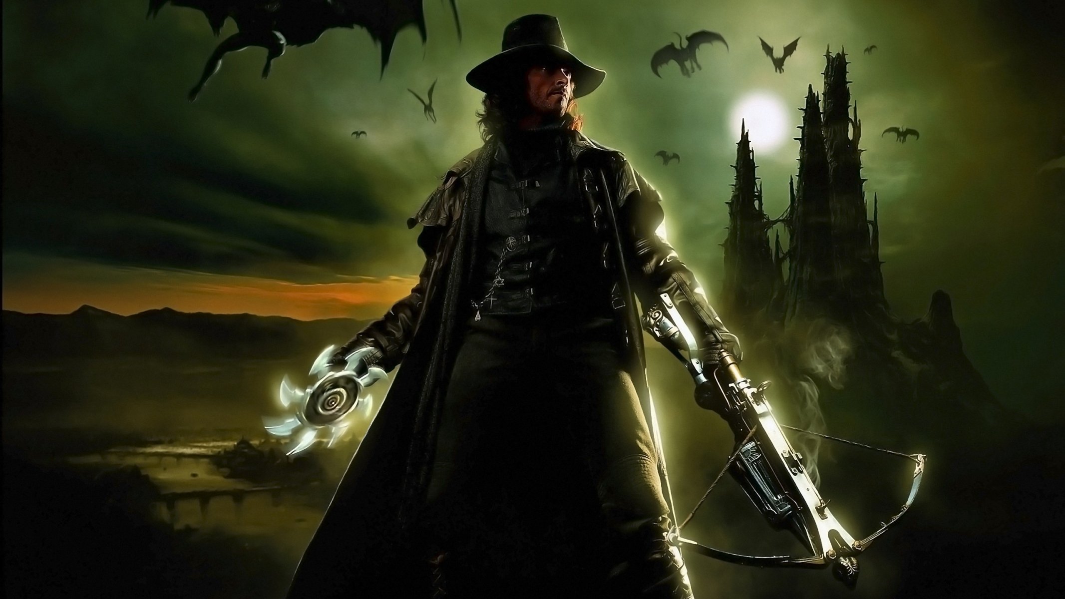 van helsing gabriel hugh jacman hugh jackman mężczyzna aktor broń kusza noże okrągłe kapelusz wampiry zamek draculi noc księżyc