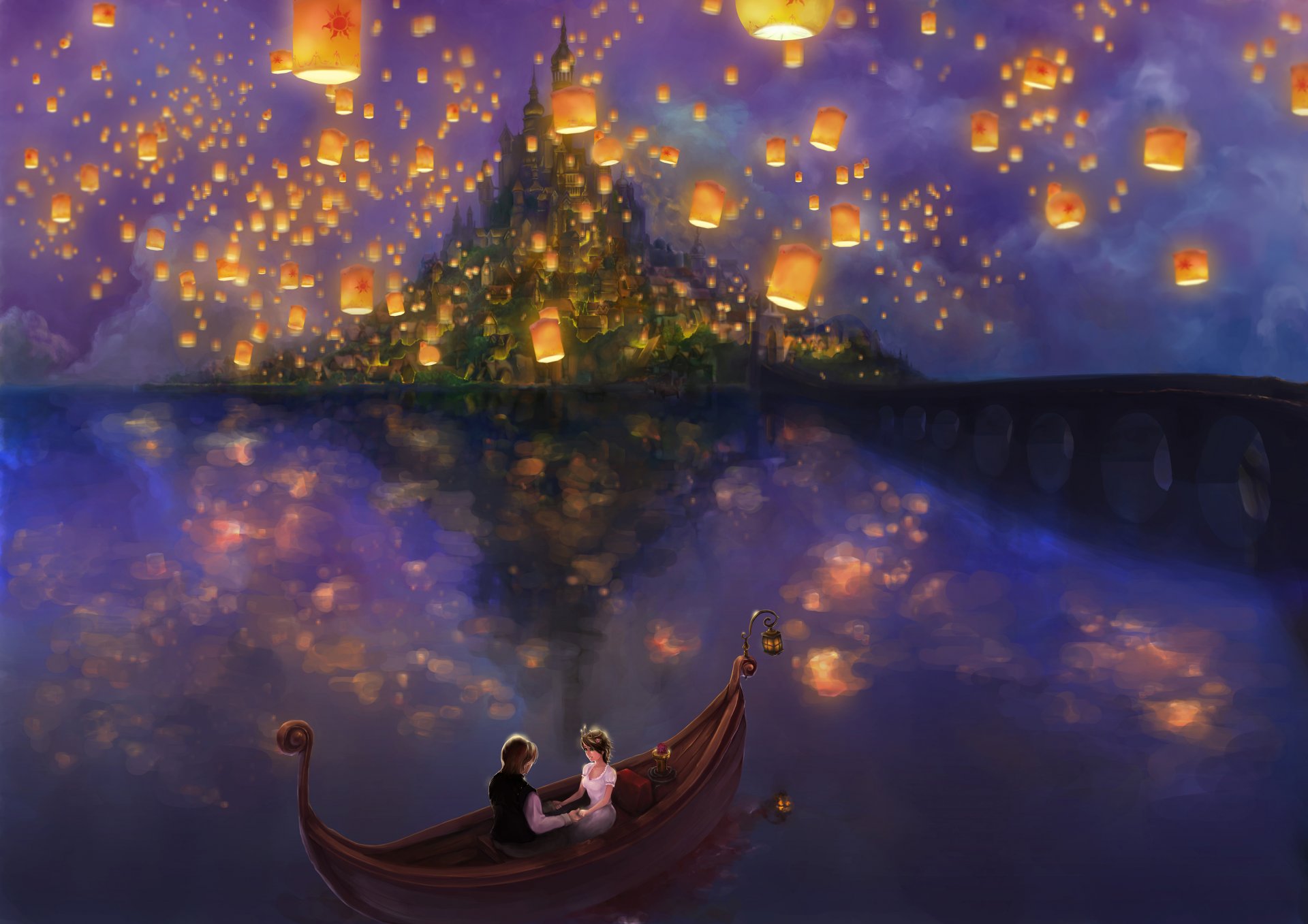 rapunzel: tangled story movie rapunzel princess fanart flynn boat castle lake bridge lanterns love fairy tales pascal tangled story boat couple chameleon palace island water lanterns lights sk