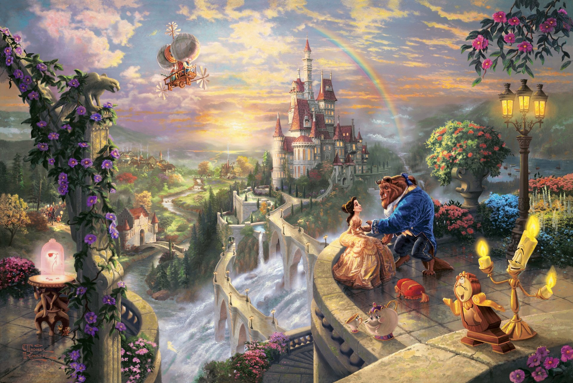 thomas kincaid die schöne und das biest verlieben sich in disney träumt sammlung 50. geburtstag belle prinz kunst schloss sonnenuntergang regenbogen märchen fantasy liebesgeschichte rose die schöne und das biest belle prinz disney kunst liebe paar balkon lumiere