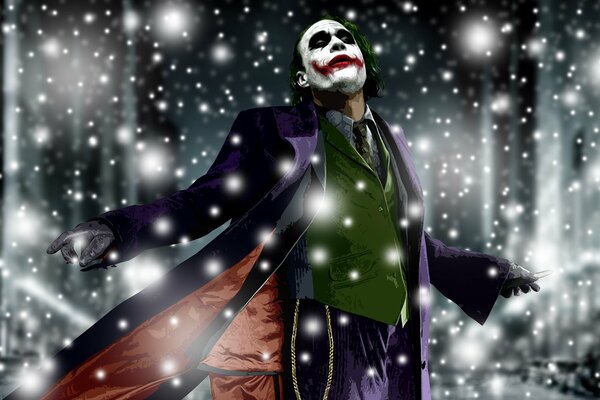 Joker in a purple cloak in the light of lights