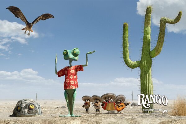 Rango in der Wüste zeigt einen Kaktus