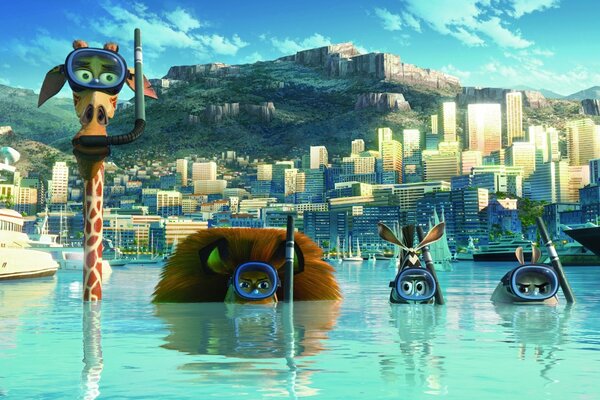 Madagascar. Heroes on the background of a city in the water