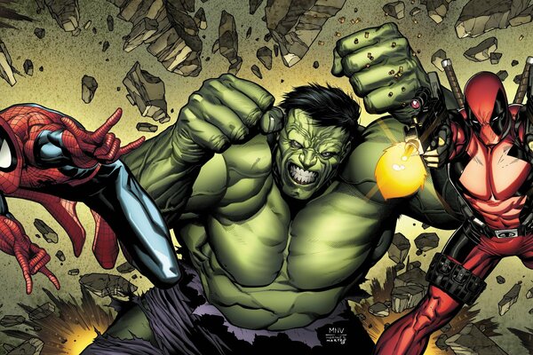 Hulk, Spider-Man e Deadpool in pose bellicose