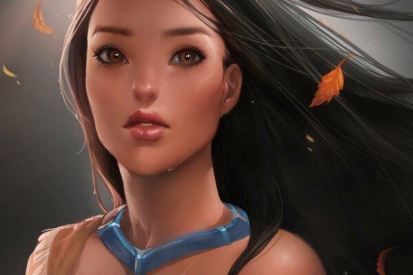 Portrait of Pocahontas with developing hair