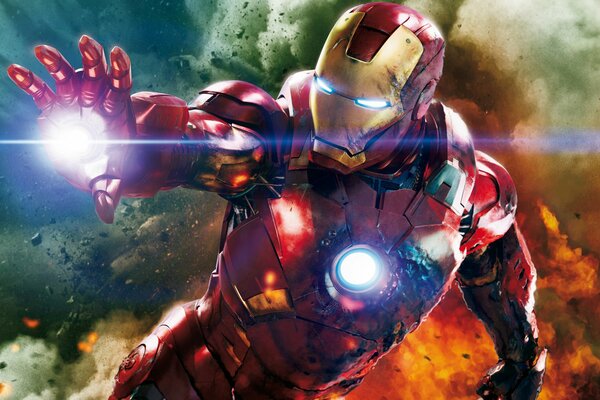 Vor dem Hintergrund der purpurroten Asche rast Iron Man