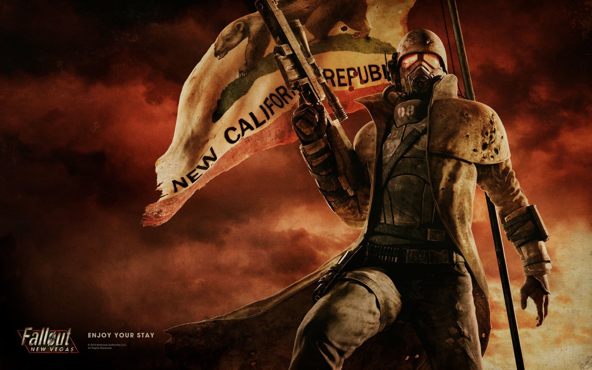 fallout new vegas ncr bandiera soldato fucile armatura