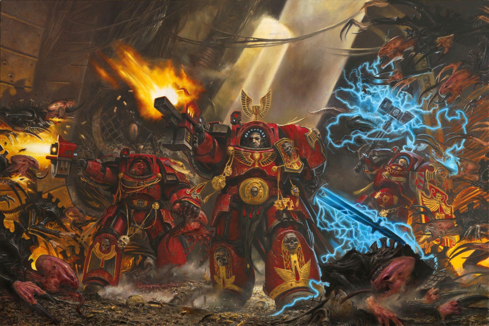 adrian smith spacehulk warhammer 40k raumfahrer blutig engel blut rüstung terminatoren tyrannen genokraten bolter energieschwert hammer schild