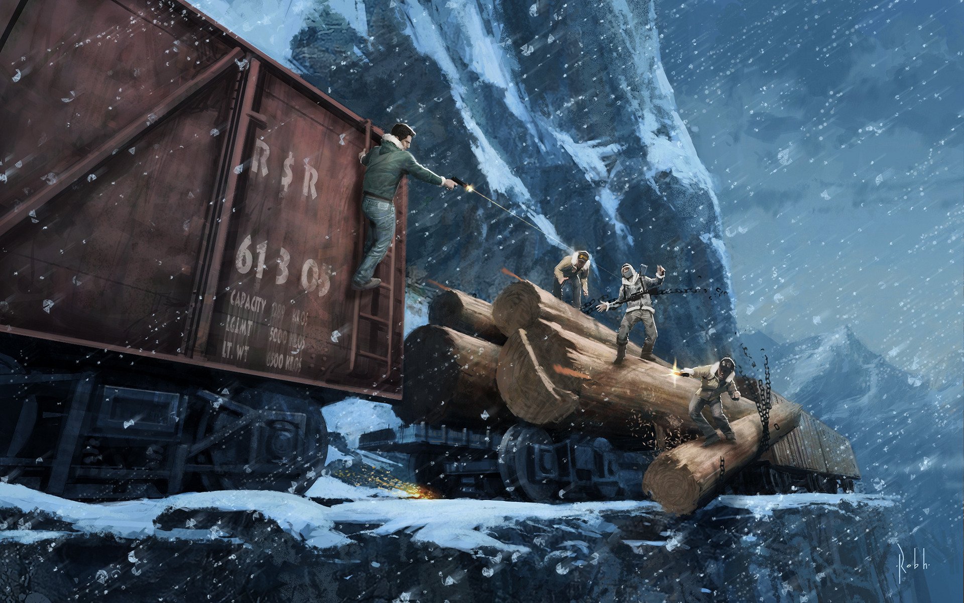 uncharted 2 verfolgungsjagd berge zug eisen straße schnee winter schießerei