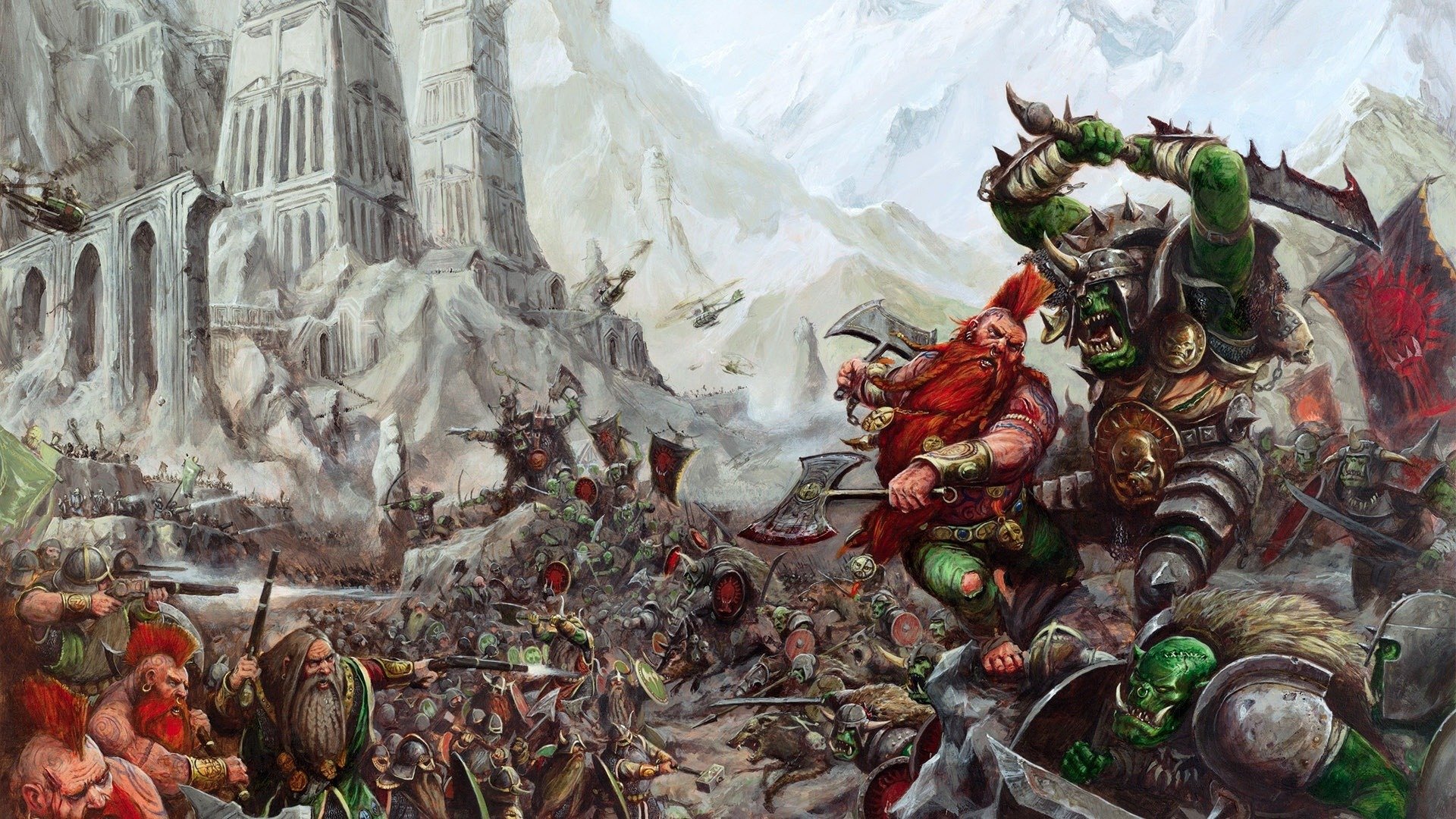 warhammer orks zwerge schlachten massaker sägen äxte äxte schwerter musketen berge burg