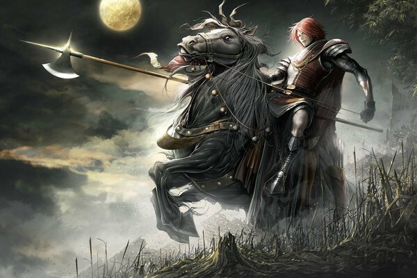 Рыцарь на лошади на фоне полной луны