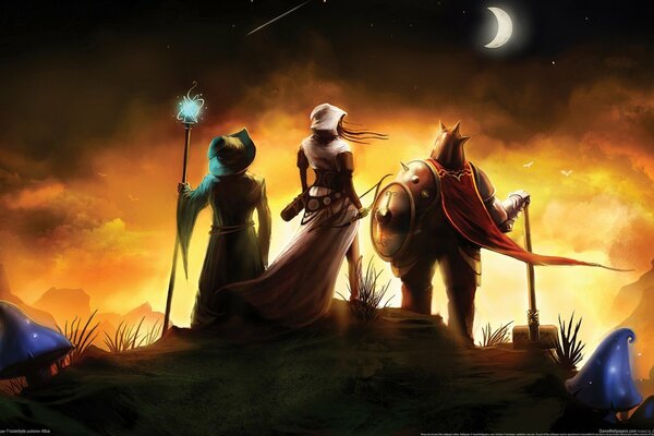 Trois personnages de conte de fées debout sur une colline