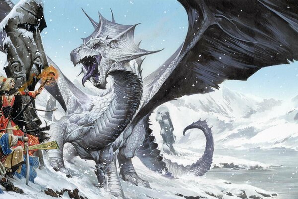 Дракон побеждающий воинов на снежном поле