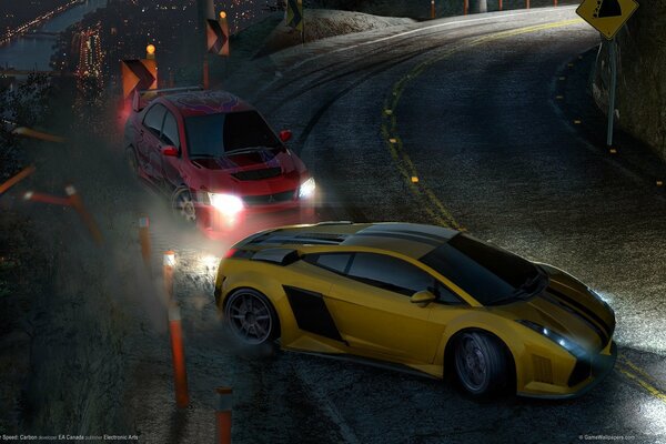 Illustration d un accident de voiture rouge et jaune dans la nuit