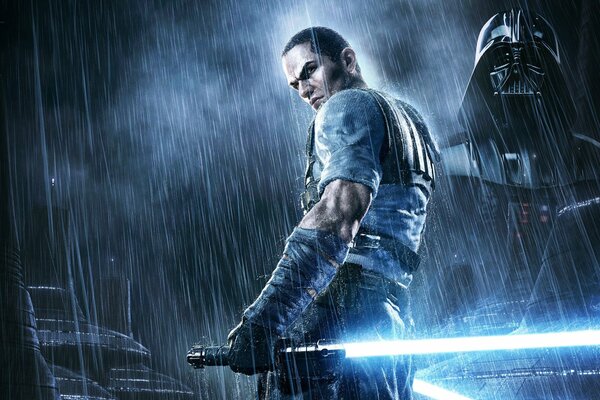 Personaje del juego Star Wars bajo la lluvia torrencial