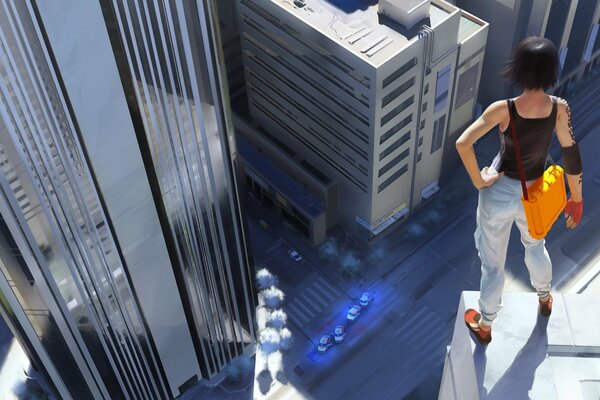 An image from the game Mirrors Edge of the main character, who stands at the cliff