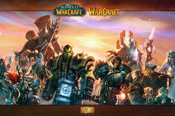 Мирwarcraft, орки , люди, гномы, эльфы на фоне звездного неба