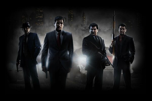 Mafia 2 game cover of the game with gangsters in the evening city