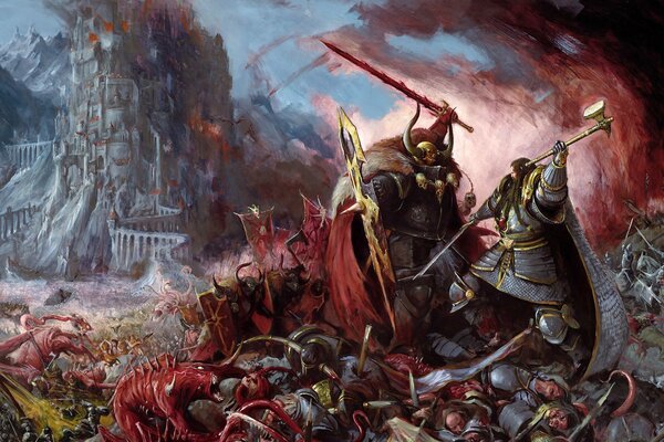 Art by the world of Warhammer. Battle of humans and monsters in chaos