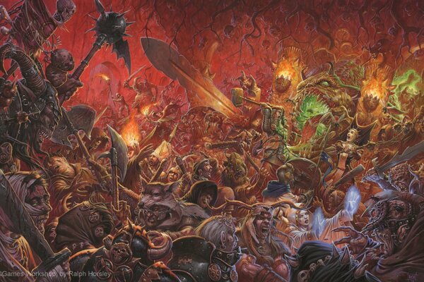 Arte del mundo de Warhammer. Batalla de demonios, soldados, malvados, herejes