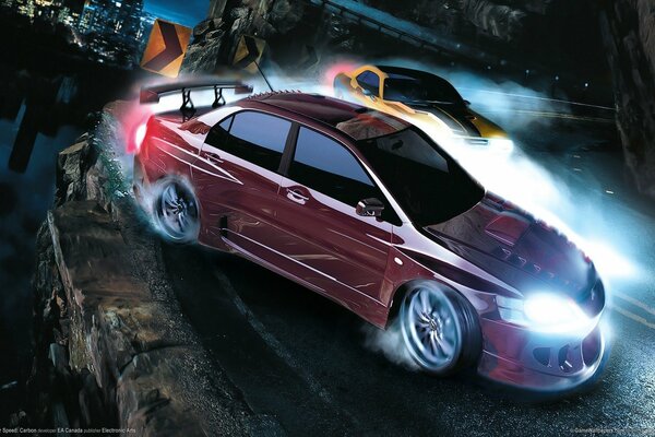 Tuned Mitsubishi lancer drifts on the road in the race