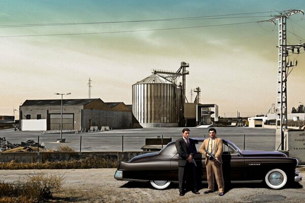 Два гангстера на фоне ретро машины на фоне завода