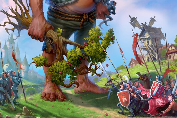 The giant holds the apple tree between the army