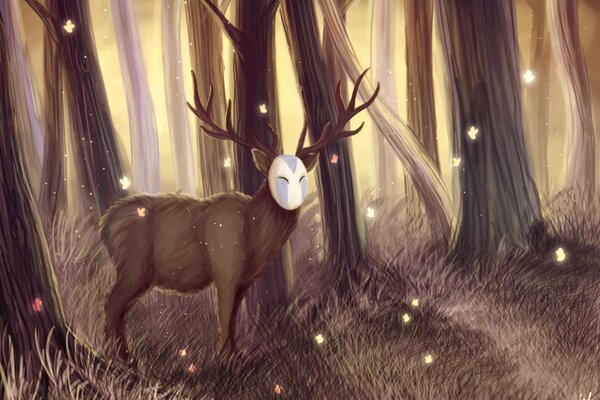 A fabulous forest in which there is a magical deer with a mask