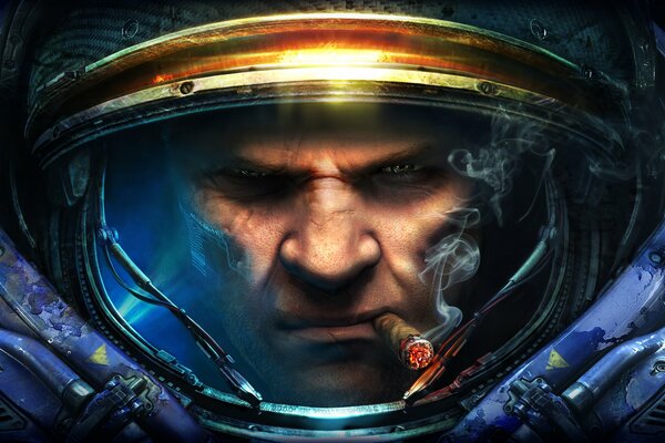 StarCraft, homme avec une cigarette dans les dents en combinaison spatiale sur fond noir