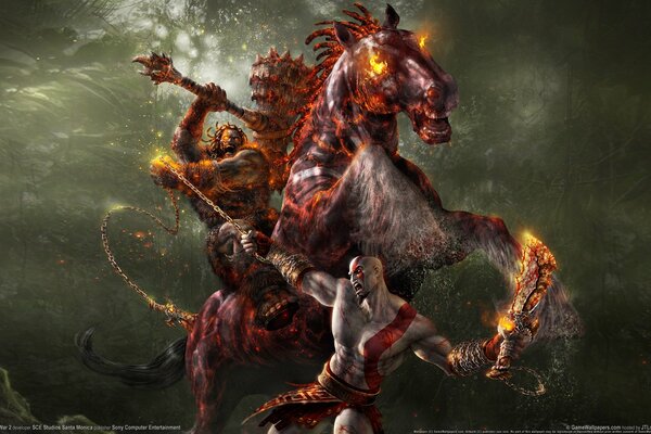 Vadnik s battle with Kratos. The world of the game God of War 2