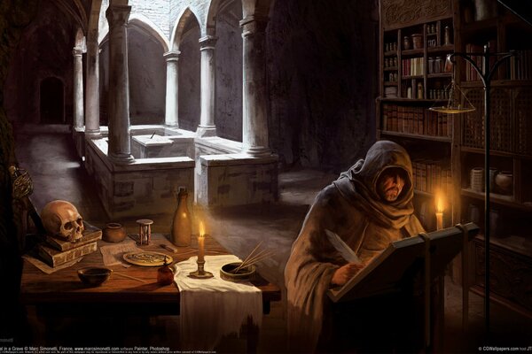 The sorcerer in the old library by candlelight