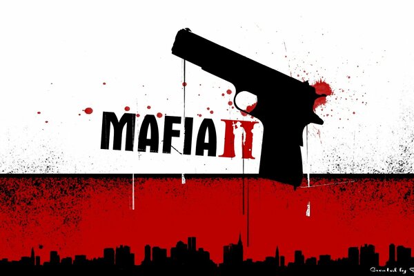 Fond d écran pour le jeu Mafia 2, qui représente l inscription du jeu et un pistolet sanglant