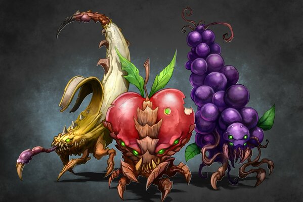 Fruit monsters banana apple and grapes