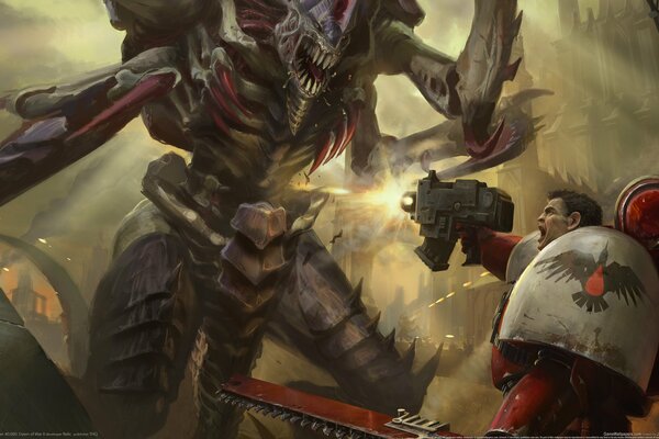 A Space marine is fighting a big monster