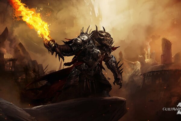Wallpaper from the game Guild Wars 2, which depicts a monster in armor and with a flaming sword