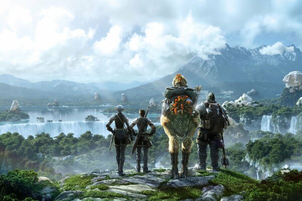 Los héroes de final fantasy xiv miran un paisaje de cuento de hadas