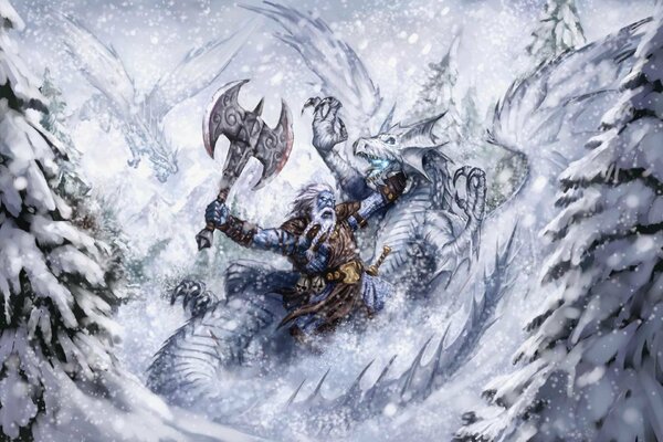 A fight between a dragon and a hero in winter