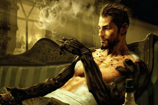 Thoughtful character of the game deus ex 3 with a cigarette in his hands