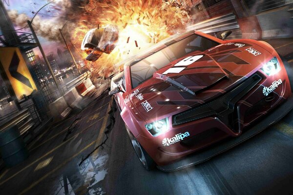 Voiture rouge sur fond d explosions dans le jeu Split second