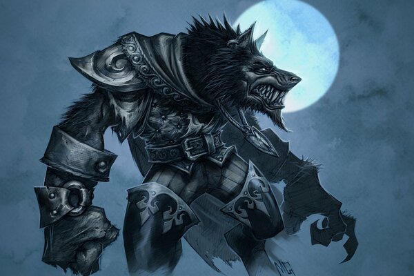 A huge werewolf stands in armor against the background of the moon