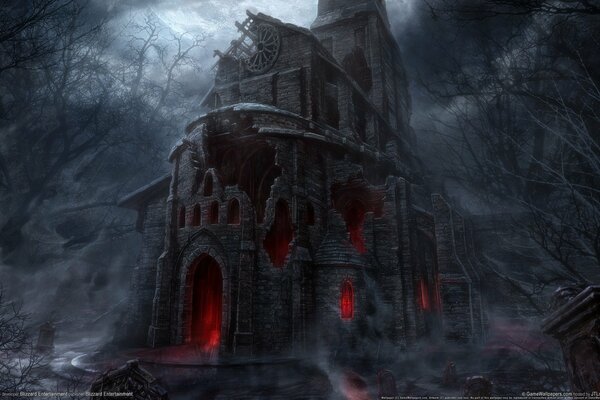 A church in the night, ruins and fear enveloped this place, an ominous glow, the atmosphere of the magnificent Diablo game