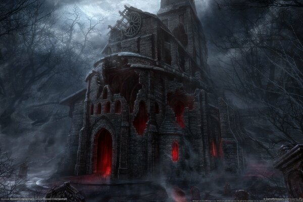 Kościół w nocy, ruiny i strach otoczyły to miejsce, złowieszczy blask, otmosfera wspaniałej gry diablo