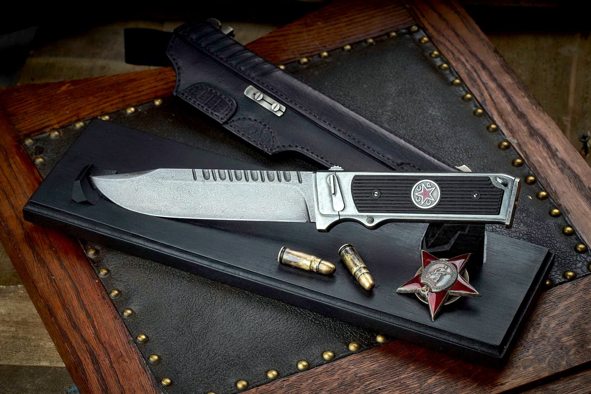 cold weapon collapsible knife thread removable suspension blade damask handle ebony white metal enamel length 125mm magazine brass spring steel sheath leather embossing stand stained hornbeam casings fake cartridges tt 7.62x25mm copy order red star hot e