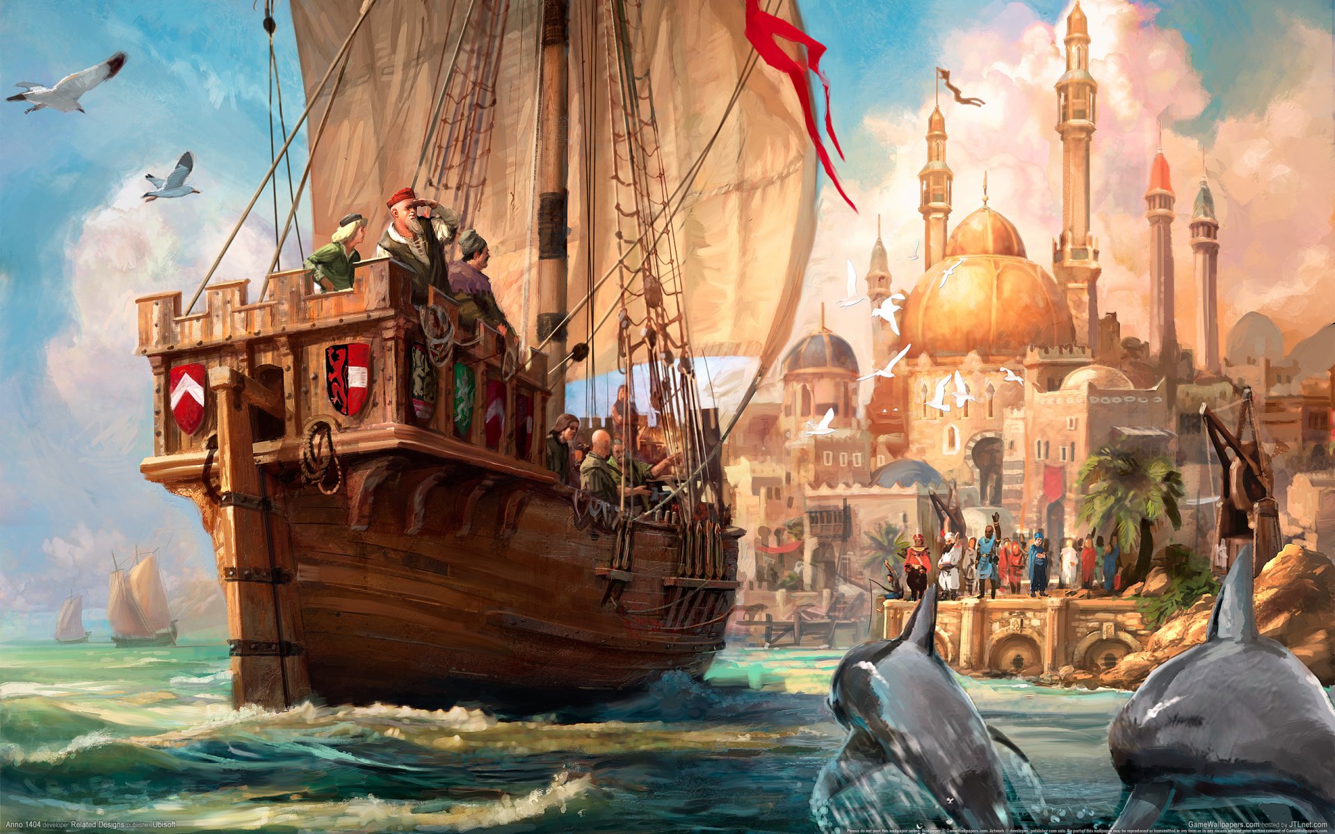 anno 1404 paint ship travel arrival sale gulls waves dolphins wharf mosque