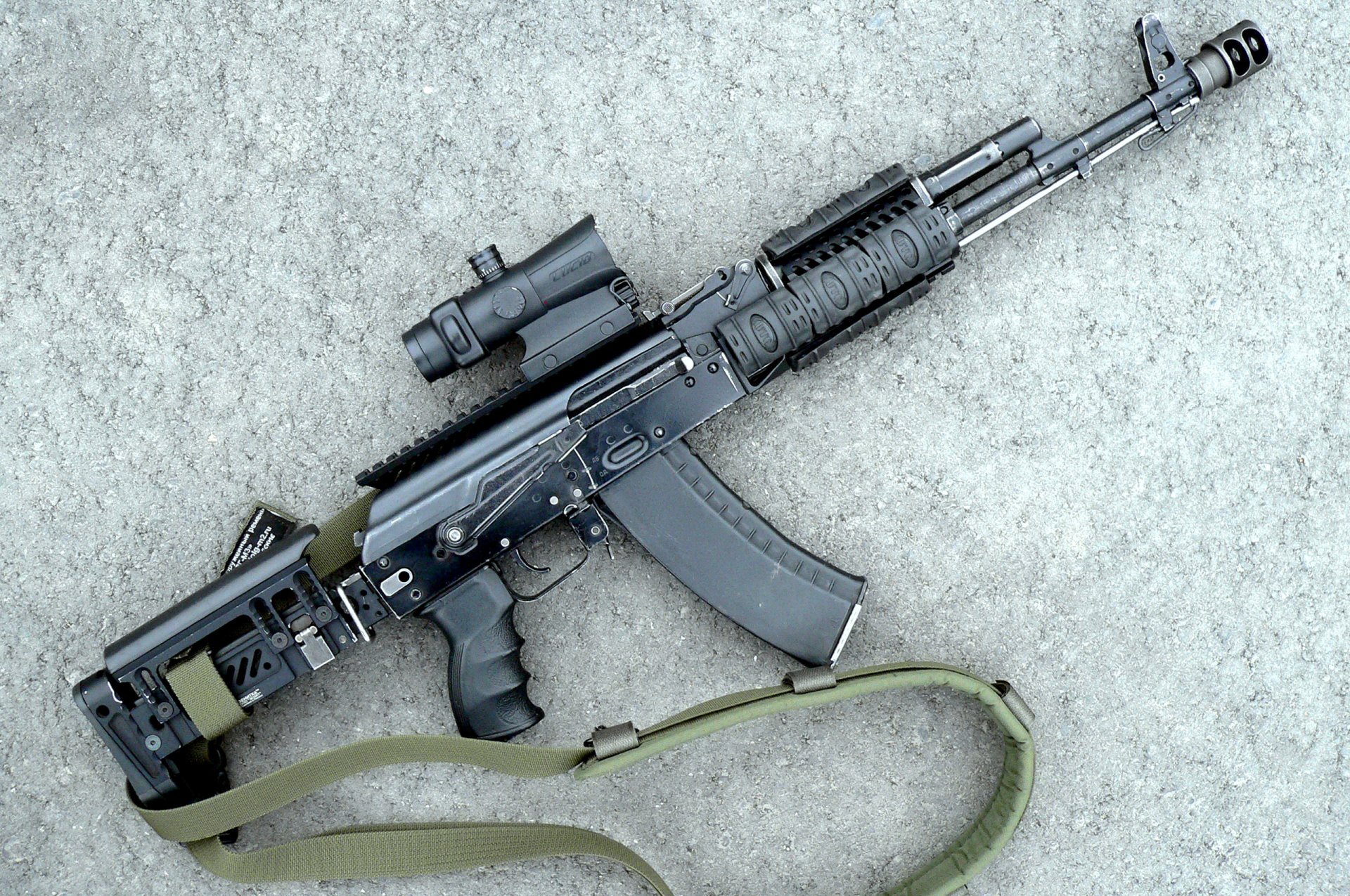 automatic kalashnikov caliber 5.45mm ak-74m index grau 6p20 developed year designer M.T.kalashnikov adopted into service ussr 1974 is further development akm development connected with transition new low-pulse cartridge 5.45×39mm tuning about