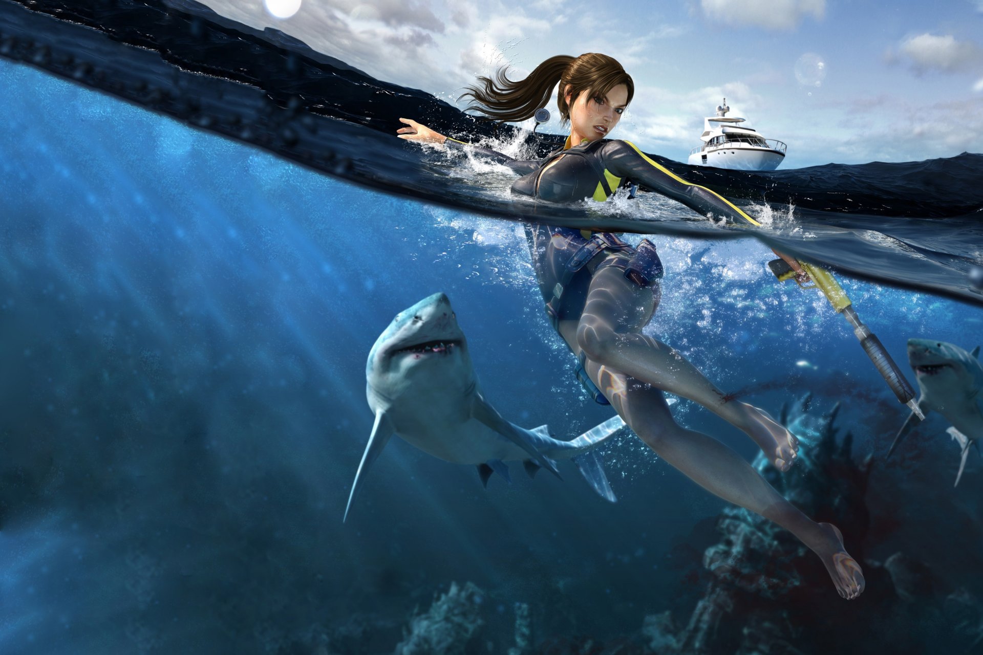 tomb raider underworld lara croft yacht water shark