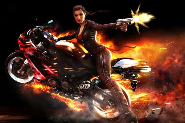 A girl on a fiery motorcycle shoots