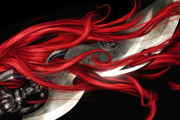 Niebiański Miecz i czerwone pasma włosów na czarnym tle