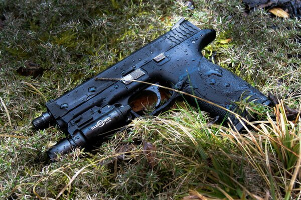 Ultraschall in Regentropfen liegt auf dem Gras