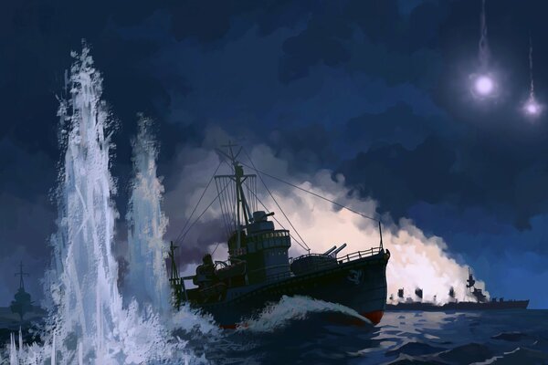 The ship sinks in the sea at night